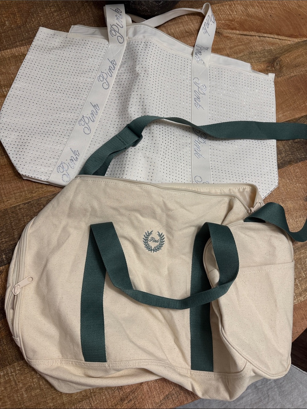 PINK Victoria's Secret Cream Canvas Weekender Tote with Dark Green Straps